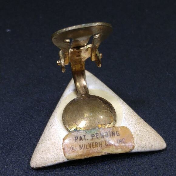 1950s Porcelain Gold Rimmed White Triangle Clip Earrings, Signed Milvern Co - Picture 9 of 9